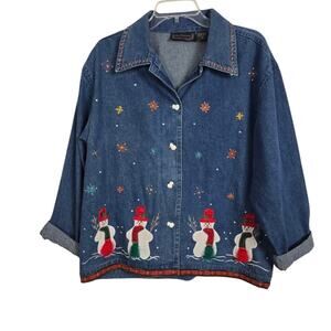 New Directions Medium Wash Denim Shirt Snowman Shacket Christmas Embroidery L